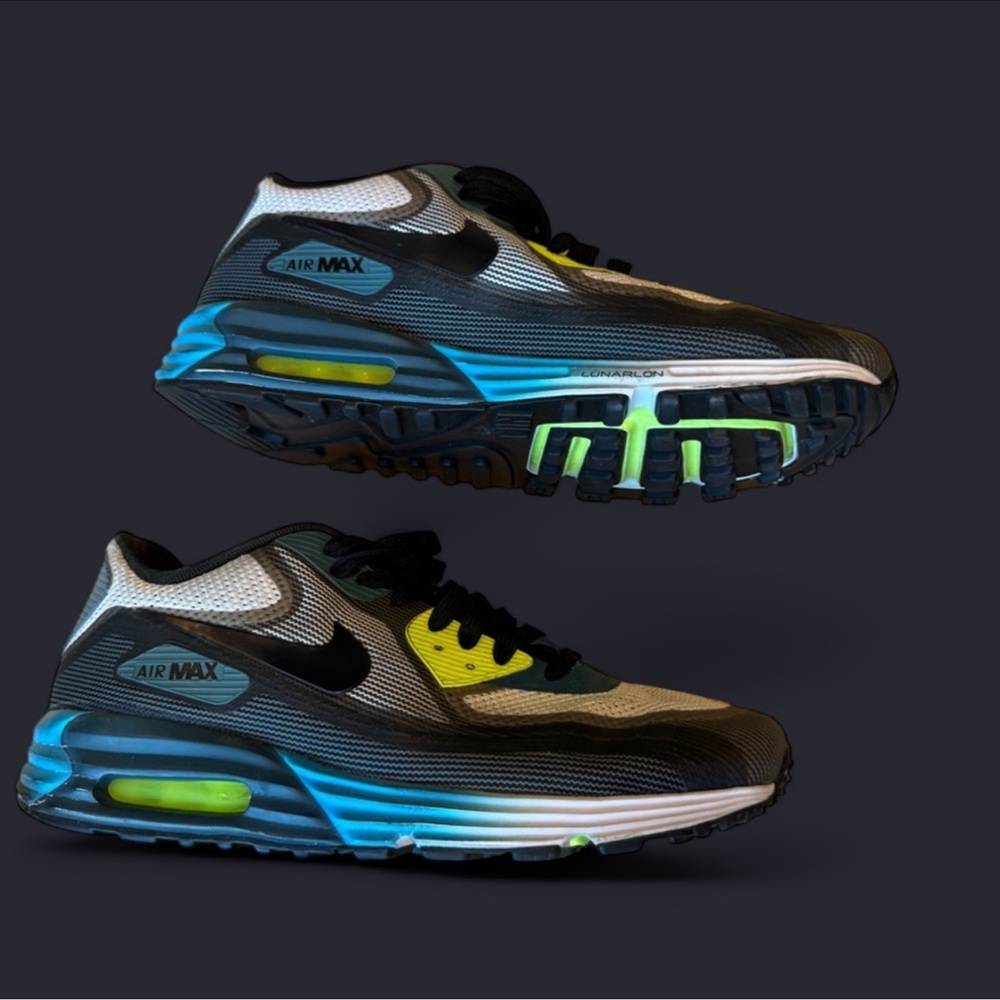 Nike Air Max Lunar 90 running shoes - Black and Neon Green & blue rare - Picture 2 of 12